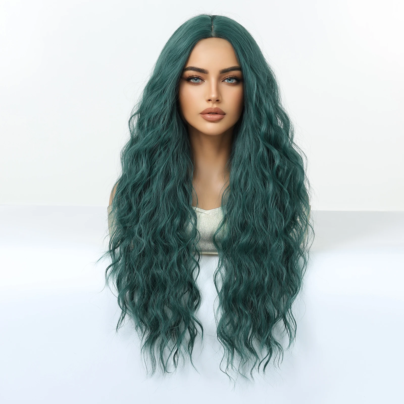 شعر مستعار اصطناعي طويل مموج أخضر داكن الجزء الأوسط شعر مستعار كوسبلاي للنساء شعر طبيعي حفلة عيد الميلاد استخدام شعر مستعار ألياف مقاومة للحرارة