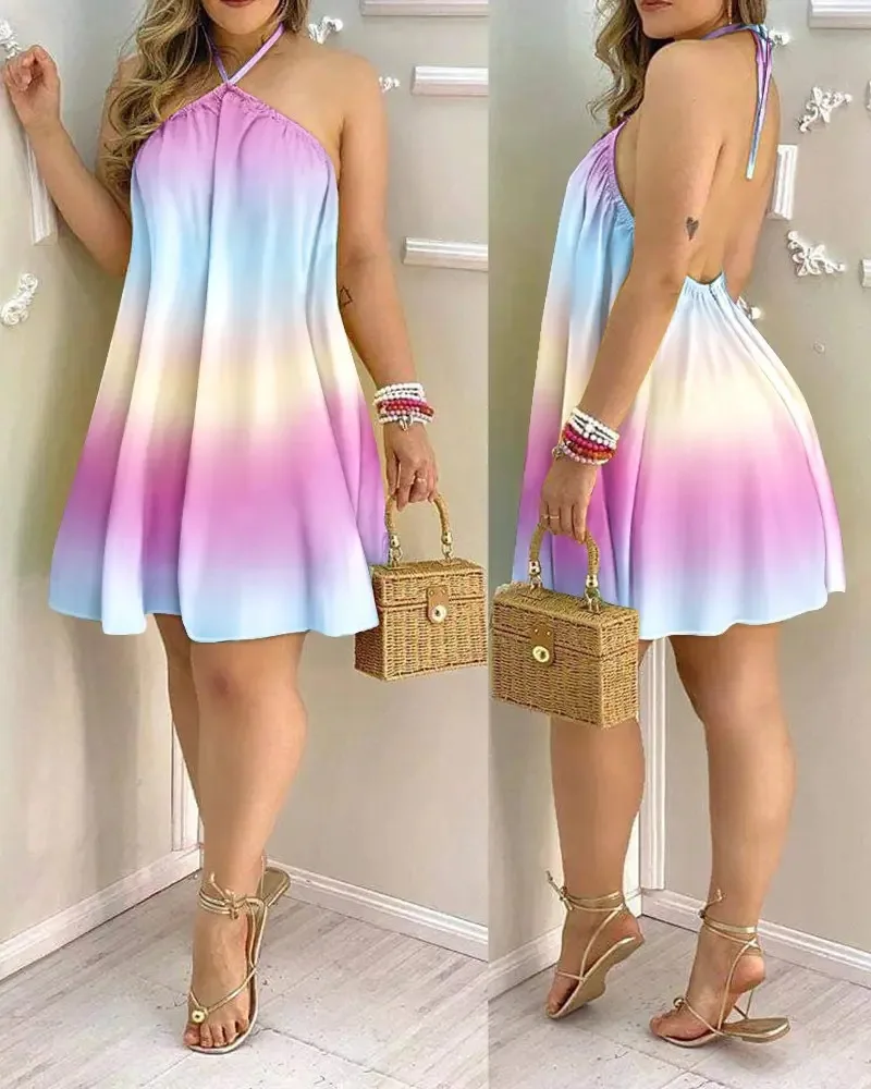 Floral Print Halter Neck Dress Boho Backless Halter Dress For Spring  Summer Women's Clothing