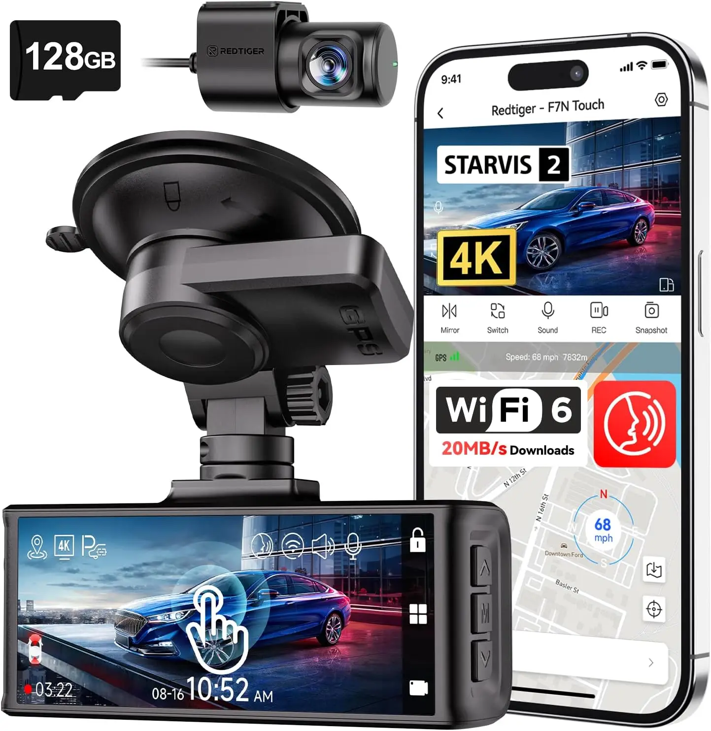 

4K STARVIS 2 Dash Cam Front and Rear, 5GHz WiFi 20MB/s Download, 128GB Card Included, Voice Control, Dash Camera for Cars with 3