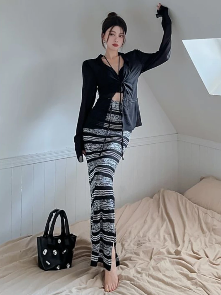 Sexy Three Pieces Sets Women Summer Sun-proof Shirts Hotsweet Simple Camisoles Slim All-match Striped Skirts Graceful Ulzzang