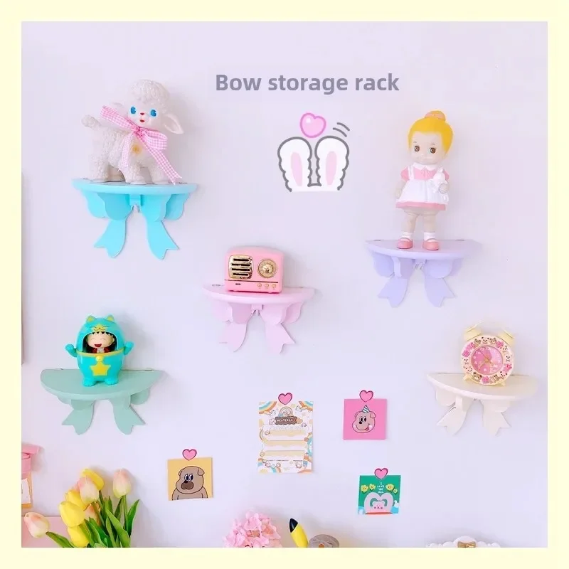 Kawaii Pink Bow Wooden Bedroom Shelf Wall-Mounted Cosmetic Storage Rack Girly Heart Room Decor Shelf Cute Wall Storage