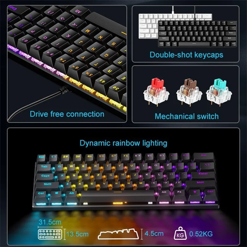 Wired Mechanical Keyboard 61 Keys RGB Light Effect Red Green Tea Axis Plug And Play Mini Size Game Keyboard Office Use