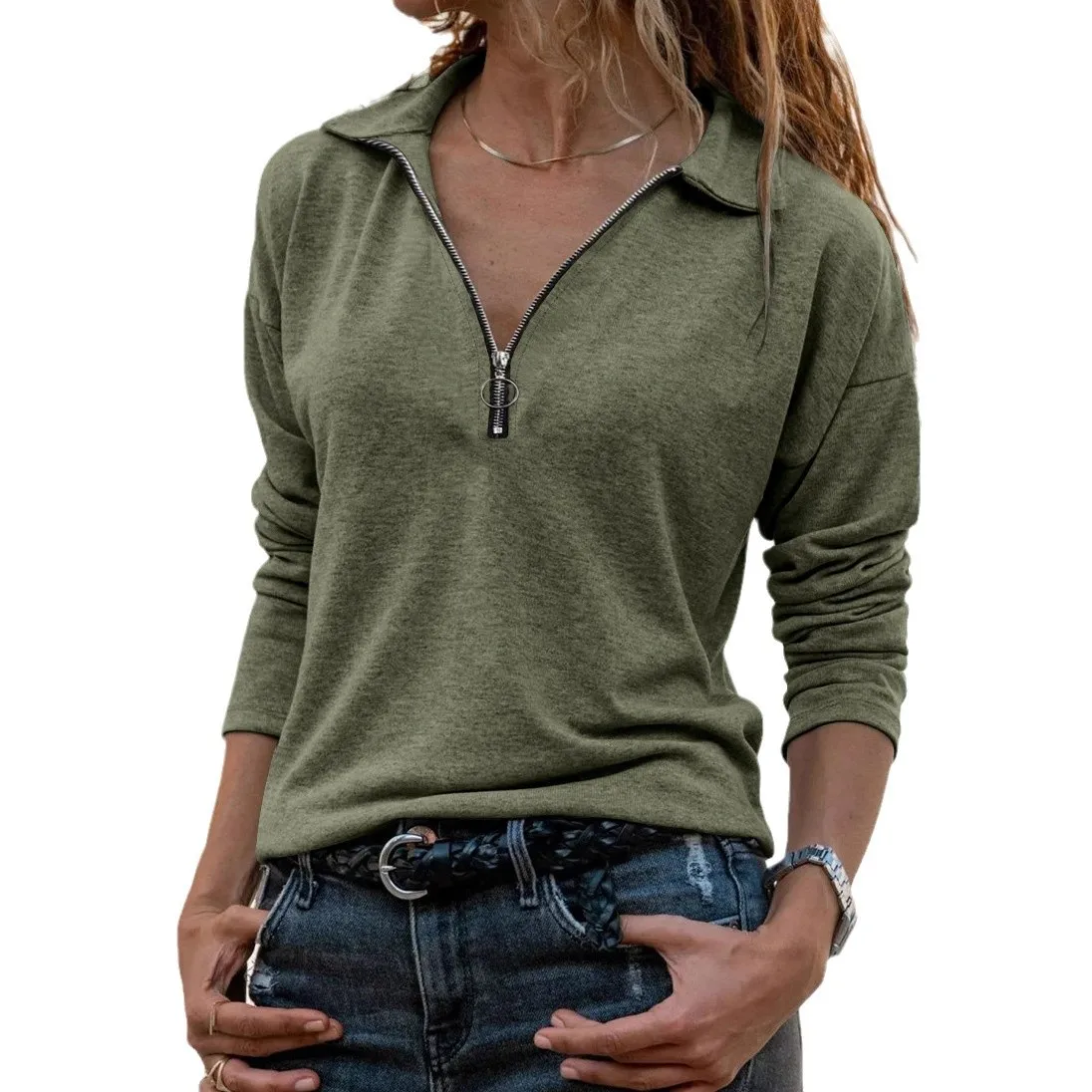 المرأة عادية موضة كم طويل قمصان بولو الخامس الرقبة التلبيب بلوزة كاجوال بلايز للنساء سستة القمم البلوزات 2025 سيدة الملابس #5