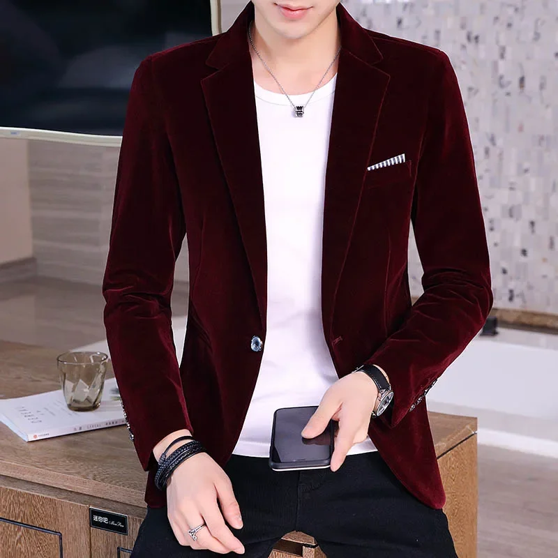 Men's Solid Color Small Suit Fashion Business Casual Style Corduroy One Button Single Blazer Commuter Office Comfortable Clothes