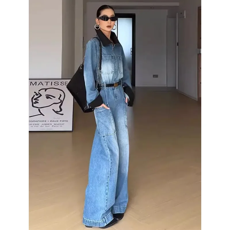 Retro Polo Collar Workwear Denim Jumpsuit Women'S Spring And Autumn Color Blocked High Waisted Wide Leg Pants
