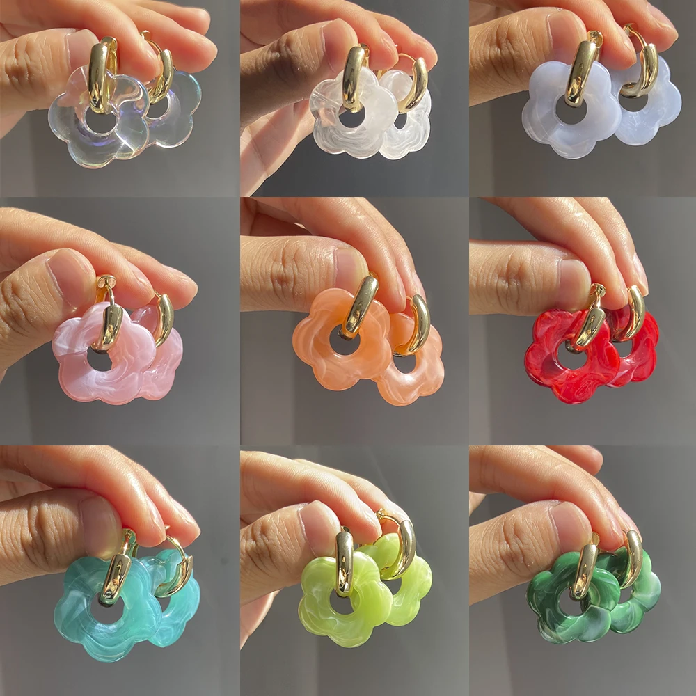 2023 New Colorful Flower Resin Acrylic Charms Earring Gold Color Circle Ear Buckle Hoop Earrings for Women Cute Gift Jewelry