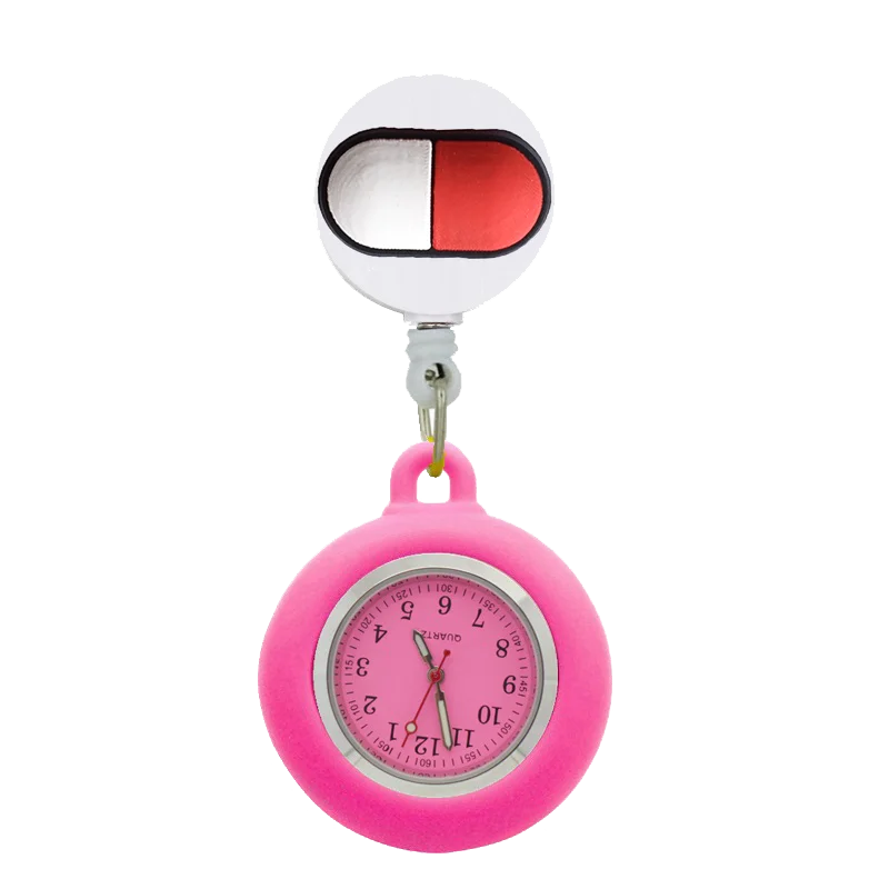 YiJia Luminous Pointer Pocket Watch for Nurse Retractable Badge Reel Cartoon Clip Medical Reloj with Silicone Case