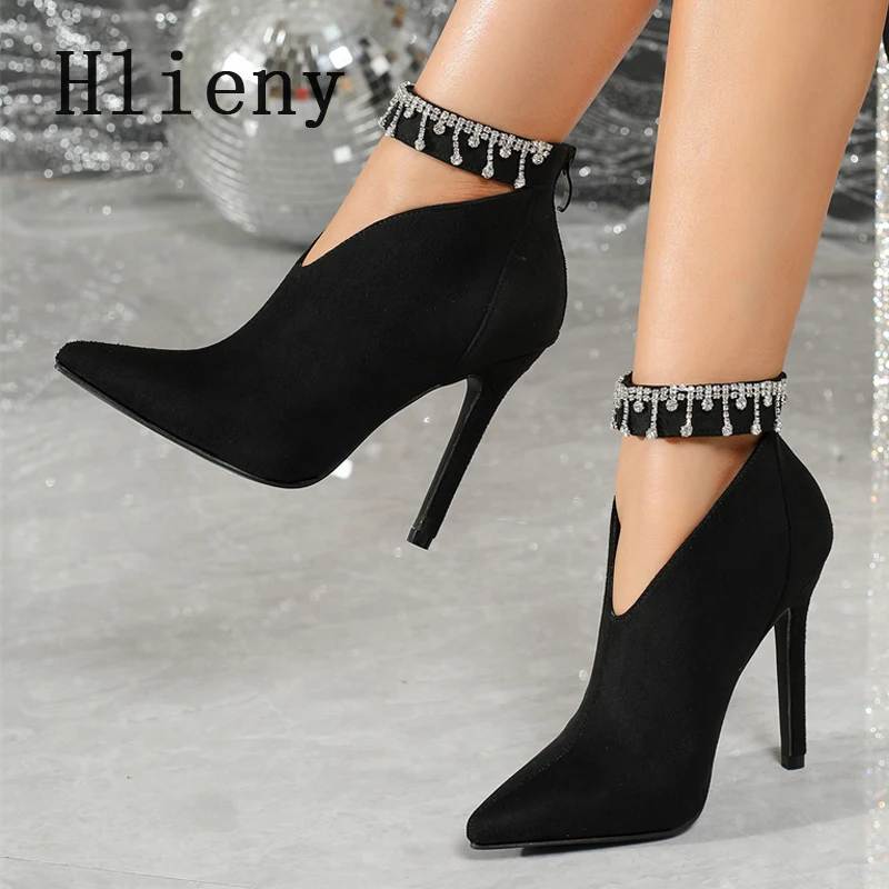 

Hlieny Spring Fashion Pointed Toe Ankle Strap Rhinestone Decorated Short Boots Sexy Zipper High-Heeled Party Dress Shoes Pumps
