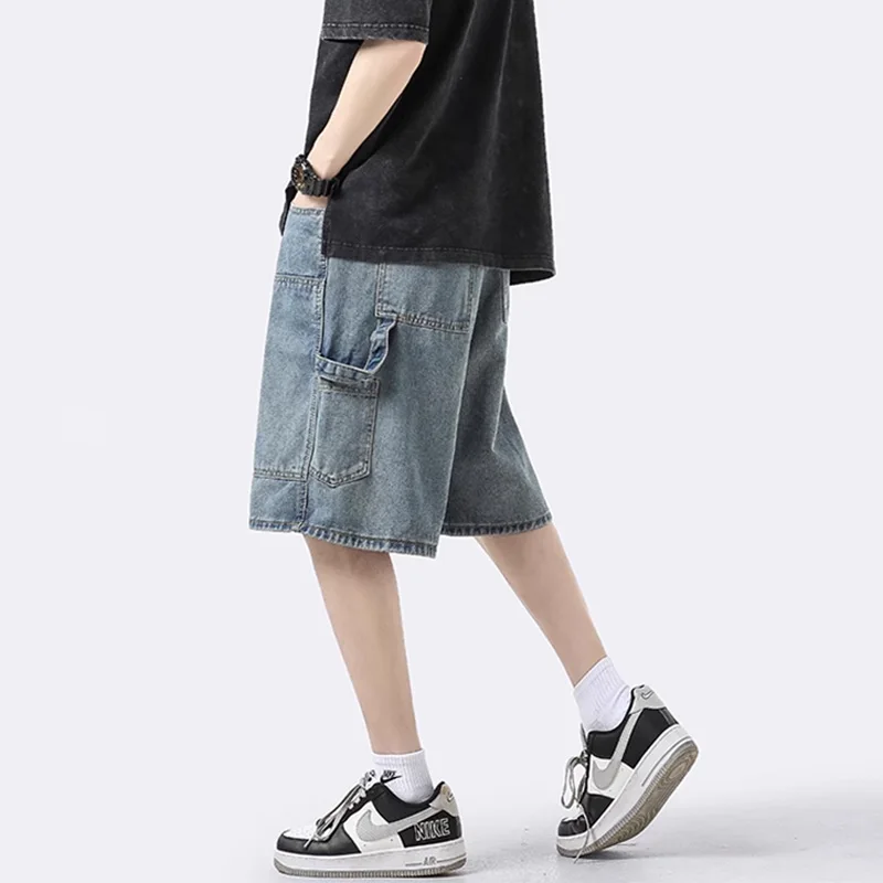 Pantalones cortos de mezclilla holgados para hombre, ropa de calle de gran tamaño, Hip Hop, moda coreana, ropa Kpop Vintage, azul, Y2k, Verano