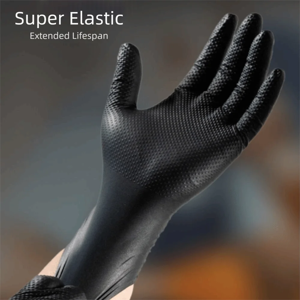 Black Color Nitrile Gloves Latex Free Diamond Textured Disposable Gloves Raised Texture Industrial Gloves Safety Gloves