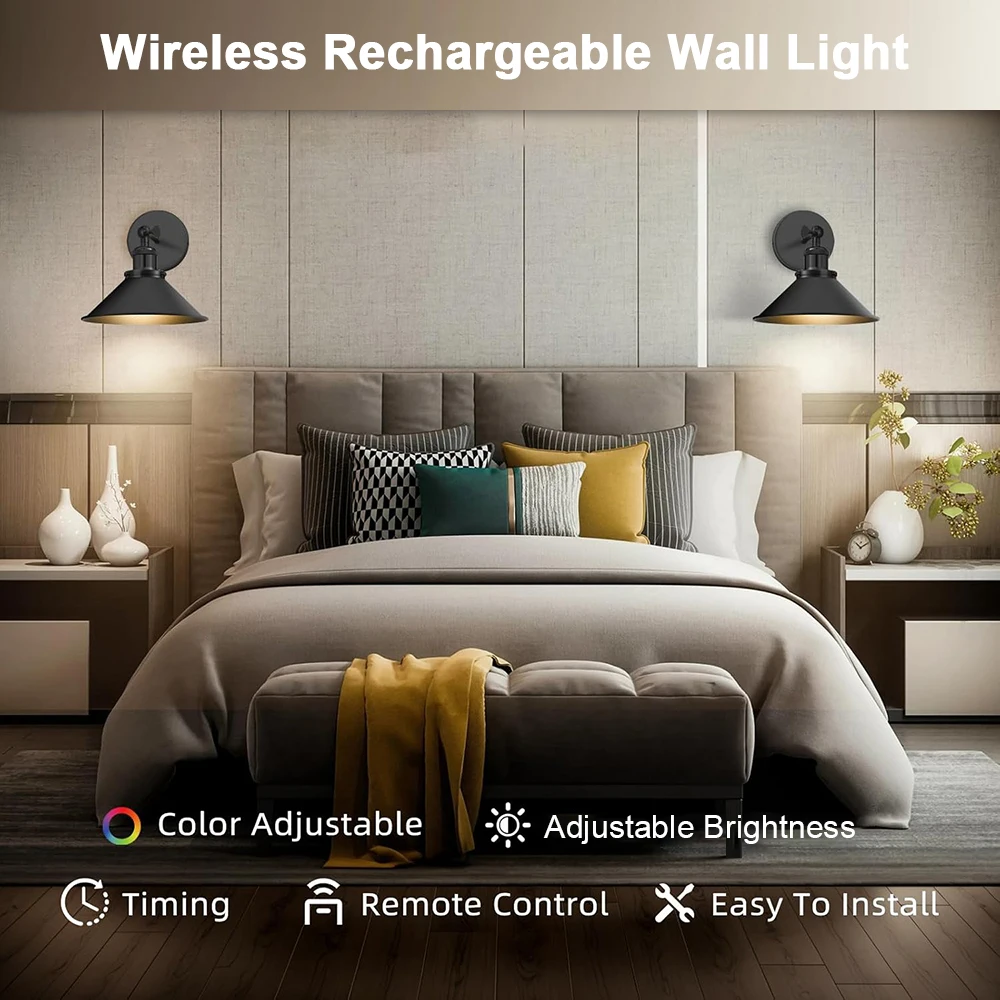 Applique murale sans fil, Rechargeable, variable, ampoule détachable, télécommande Rontrol, couleur rvb, Design Vintage pour chambre à coucher, chambre