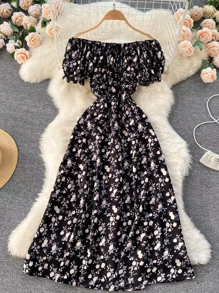 French Floral Dress Women High Waist Sexy Off The Shoulder Printed Long Dresses Ladies Hanging Neck Square Neck Beach Long Robe