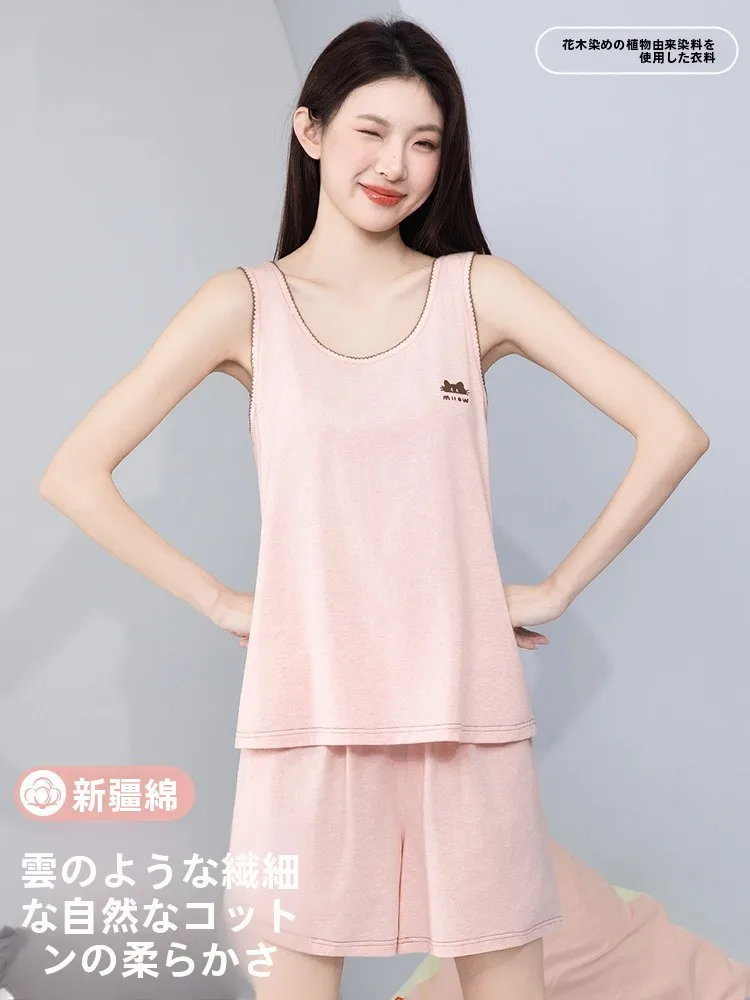 lady-summer-lightweight-cotton-pajamas-women's-short-sleeve-shorts-set-active-dyeing-home-clothes-breathable-skin-friendly