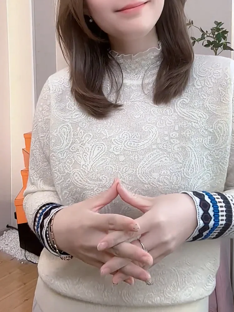 

Корейский стильный топ из шерстяной смеси с вышивкой и пэчворком, облегающий, омолаживающий, больших размеров, повседневный, удобный