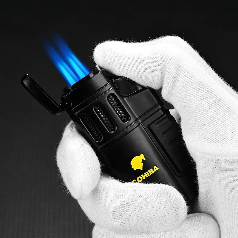 COHIBA Strong Blue Flame 4-Flame Metal Windproof Cigar Lighter Turbojet Welding Gun Sharp Hole Bottle Opener Men\'s Gift