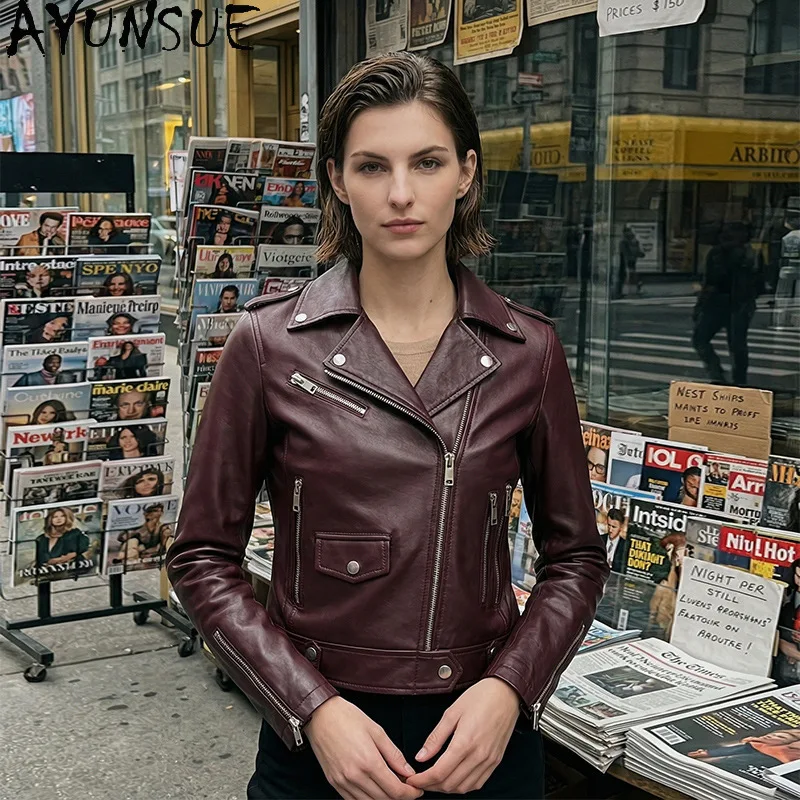 

AYUNSUE Real Leather Jacket Woman Fashion Ribbon Zipped Sheepskin Jackets for Woman Casual Short Outerwear Woman Clothes Jaqueta