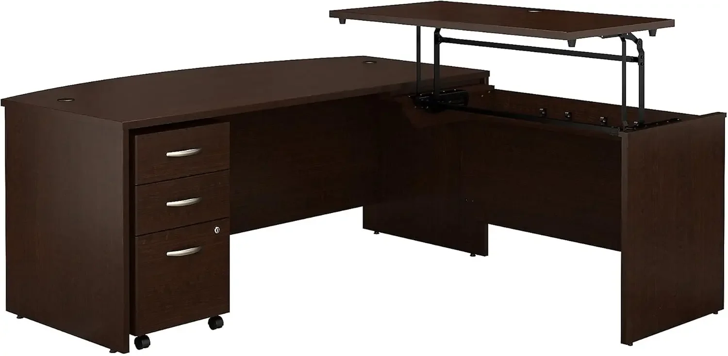 72W x 36D 3 Position Bow Front Sit to Stand L Desk w,File Cabinet, Mocha Cherry