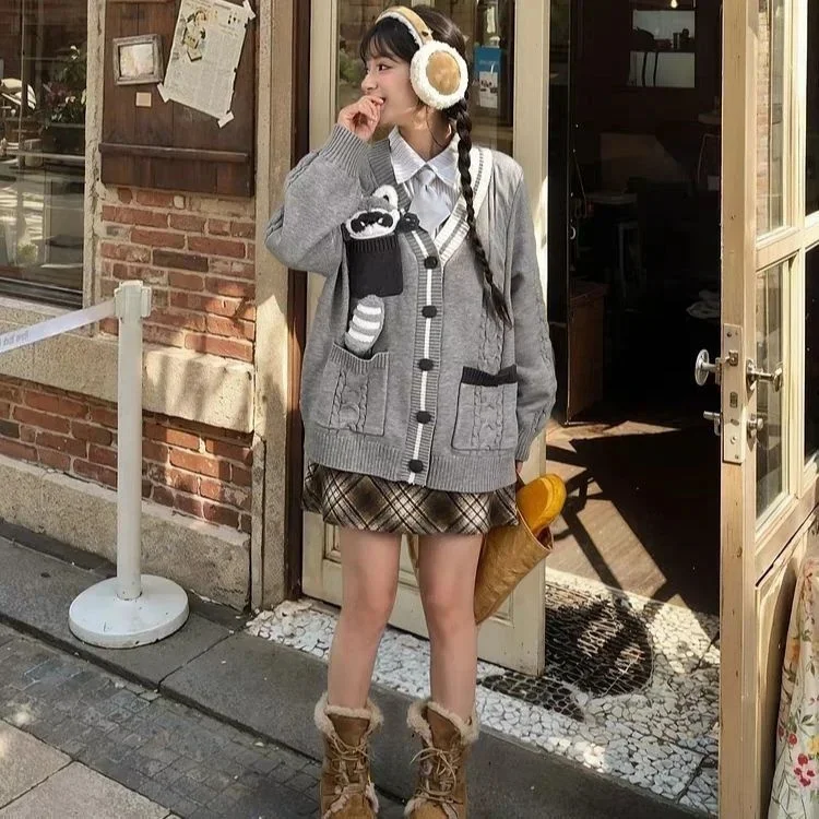 2025 Fall Winter Preppy Oversized Turtleneck Cardigan Wool Blend Chunky Knit Sweater for Women