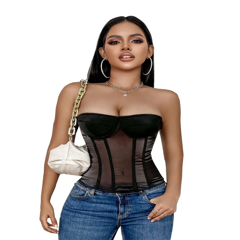 Sexy Women Mesh Bra Corset Gothic Translucent Lace Up Boned Overbust Bustier Top Clubtwear Lingerie