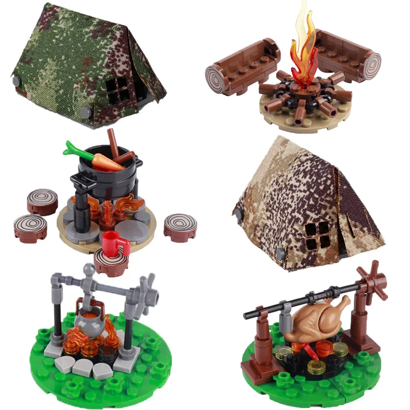 MOC Military Medieval Building Blocks Solider Figures Accessories Bonfire Tent Roast Chicken Camping Scene Mini Bricks Gifts