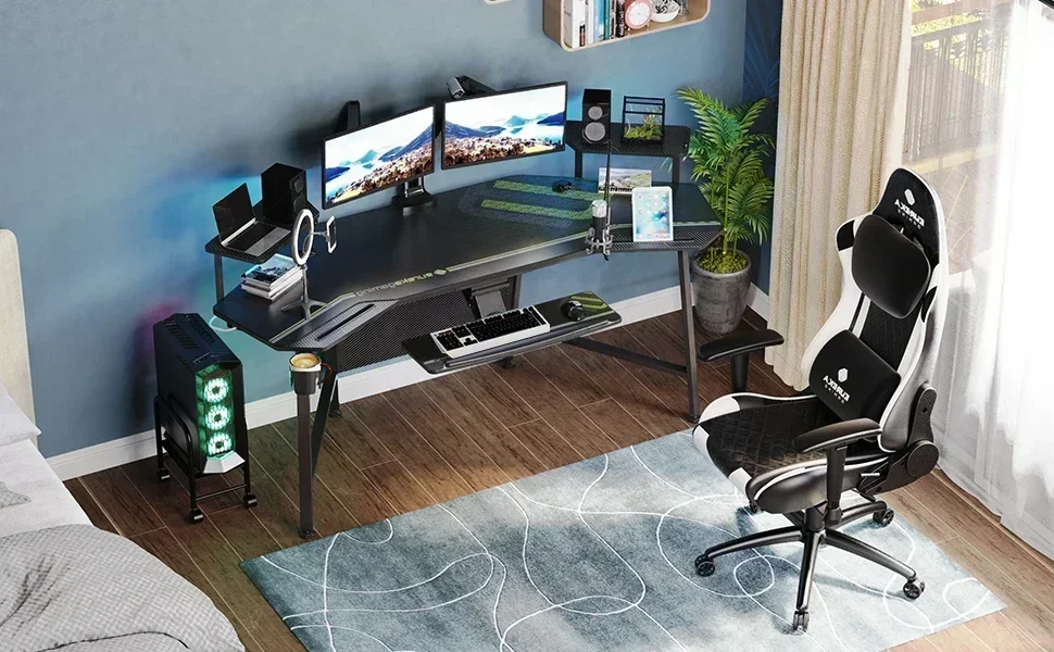 Wing-Shaped Studio Desk with W Keyboard Tray Monitor Stand Dual Headphone Hanger Cup Holder Black Gaming Desk