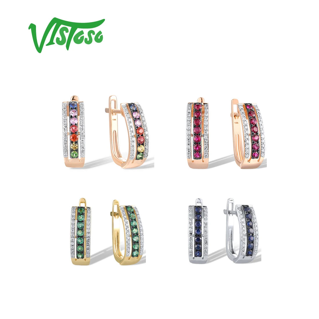 VISTOSO Real 14K 585 Rose White Yellow Gold Earrings For Women Diamond Ruby Emerald Multi Colorful Stone Rainbow Fine Jewelry