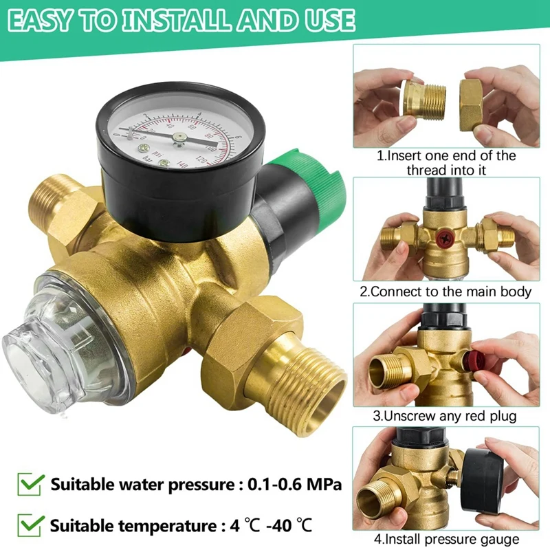 Pressure Regulator Water 3/4 Inch, Water Pressure Regulator With Water Pressure Gauge And Mesh Filter