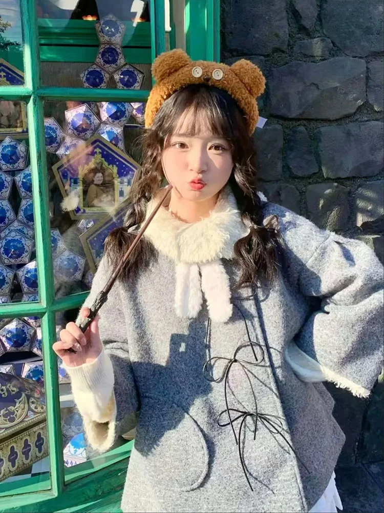 

Милое японское шерстяное пальто в клетку, женское зимнее новое свободное теплое шерстяное пальто в Корейском стиле, полиэфирное волокно