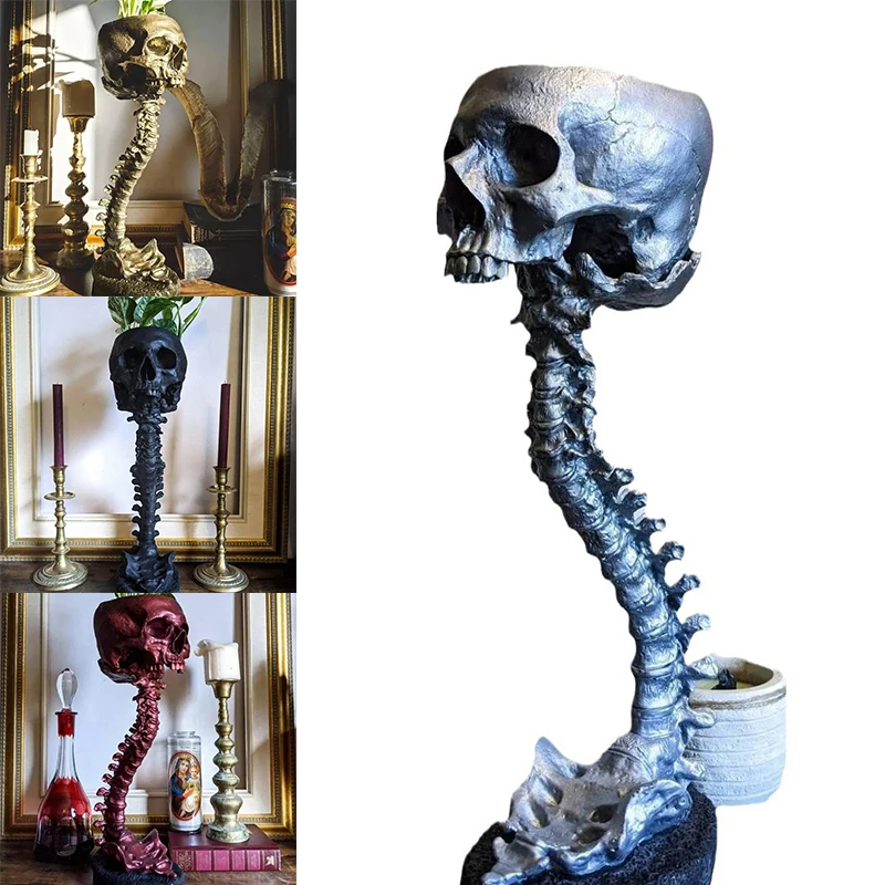 

Skull Planter Spine Stand Set Goth Spooky Decor Deep Polyresin Skulls Pot Skeleton Home Decoration Scary Halloween Party Decor