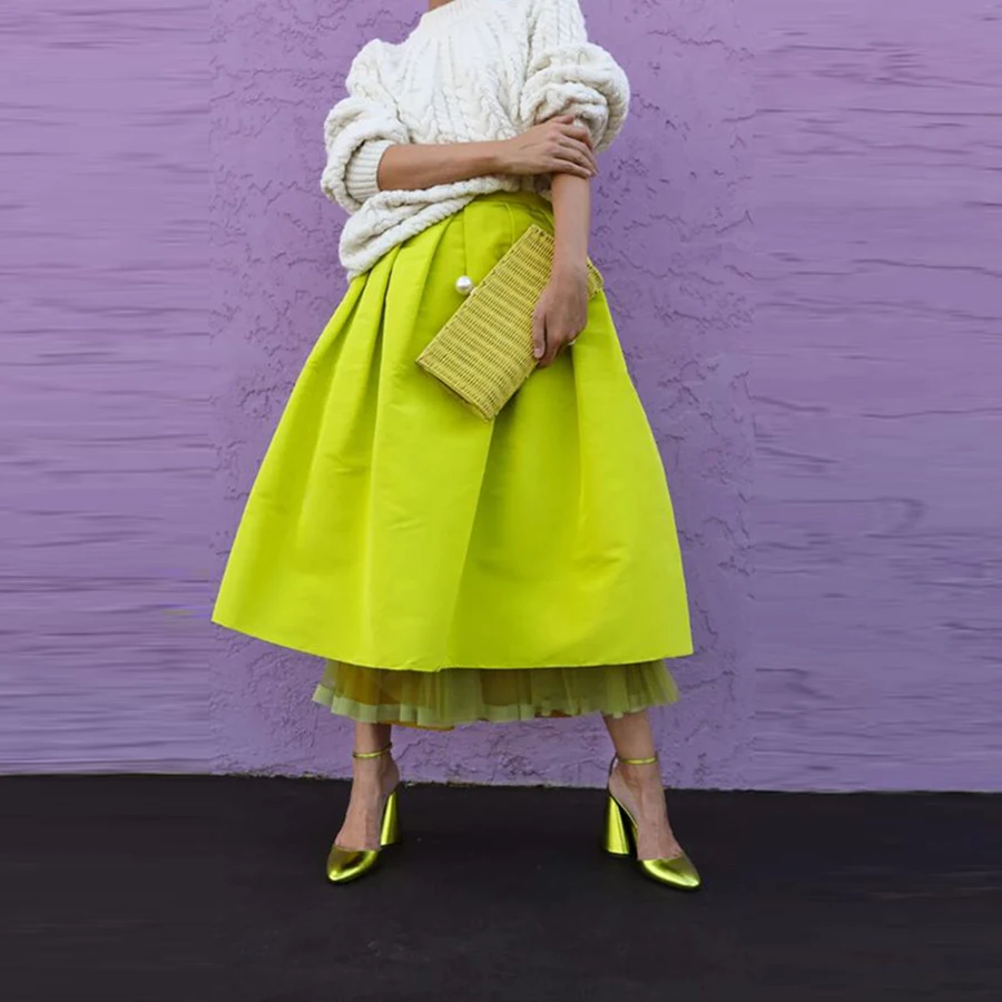 Candy Color Women  Skirt Lady Satin A Line   Saias Black Girls Wedding Guest Party Gowns  Mid-calf Skirt  Women Formal Wear