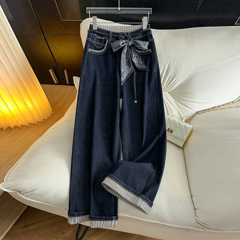 

High-end Feel Rolled Hem Striped Jeans with Bowknot Loose Fashion Slimming Draped Straight Long Pants
