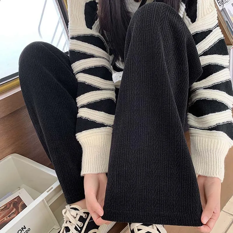 Women Thickened Velvet Warm Wide Leg Pants Cashmere High Waist Straight Warm Trousers for Women Striped New Autumn Winter Pants