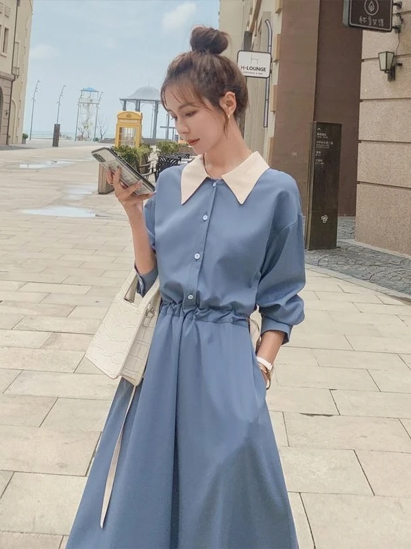 สลิมมิ่งยาว Sve irt Dr ผู้หญิงฤดูใบไม้ผลิฤดูใบไม้ร่วงใหม่ Sle สี Blo เอว Cinched Casual Universal Fit อื่นๆ