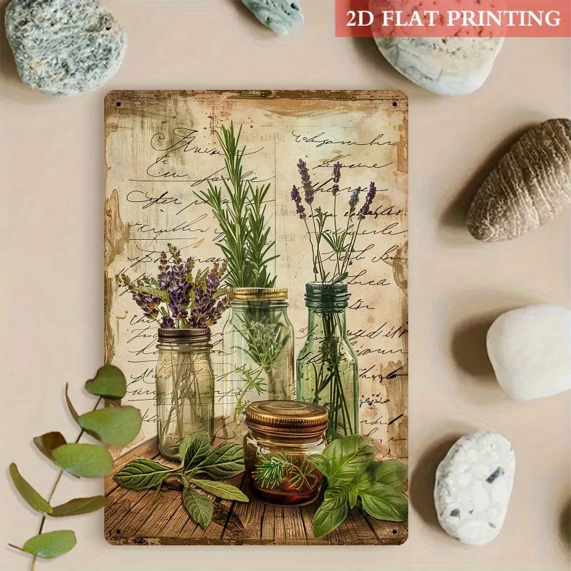 1pc, Rustic Herbs and Jars Metal Sign, Iron Wall Decor, Vintage Botanical Charm, Suitable for Farmhouse Decor, Cottage Style