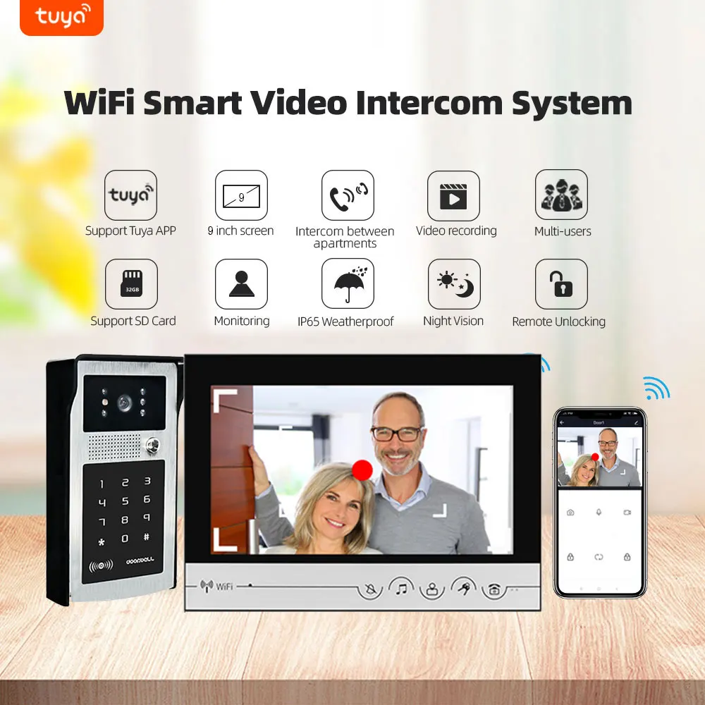 9 Inch WiFi Tuya Video Door Phone Doorbell With RFID Doorbell HD Camera Phone APP Remote Unlock +Electric Control Door Lock