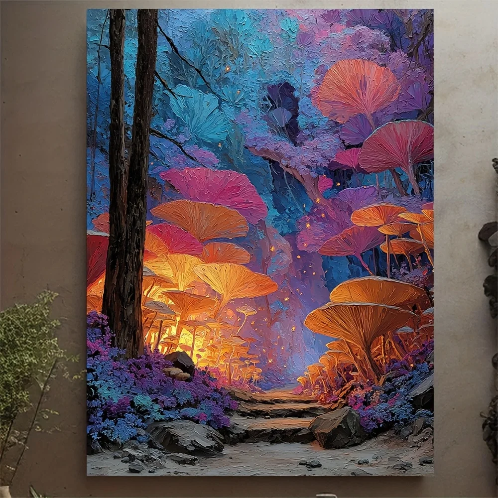 (No frame)1pc Framed Canvas Wall Art - Mystical Forest with Glowing Mushrooms & Lilac Sky - Retro Oil Painting Style Magical