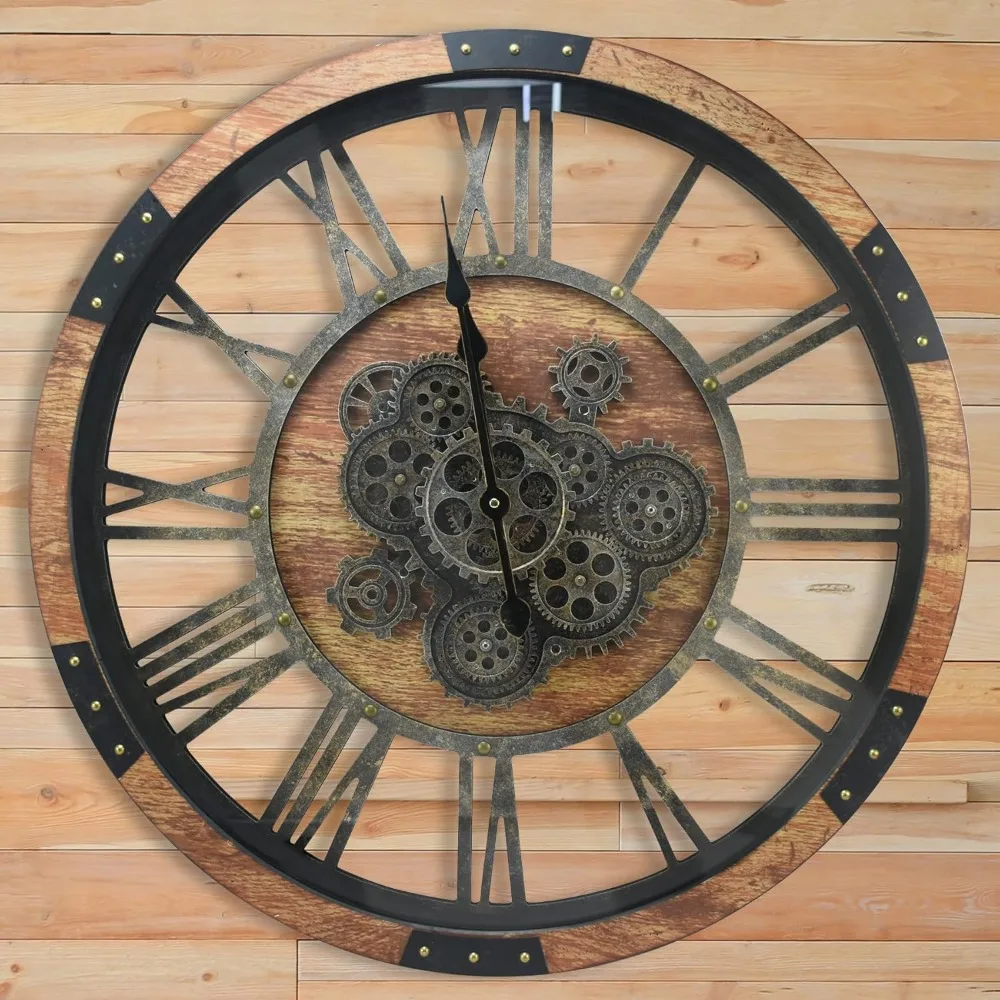 Real Moving Gears Wall Clock with Toughened Glass Cover, Oversized Vintage Solid Wood Farmhouse Clock, Giant Decorative