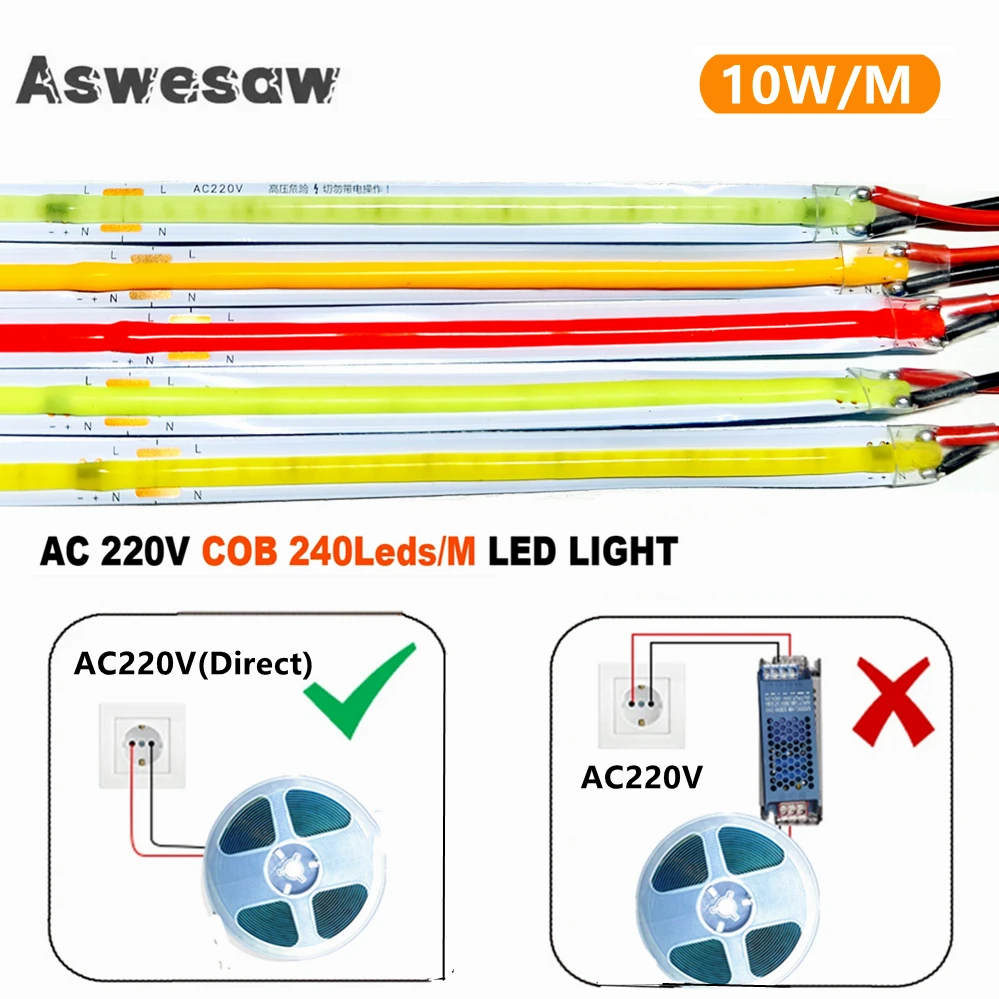 10m Ultra Bright Multicolour COB LED Strip Light 10m Flexible Tape Light Smart IC No Need Driver 240LEDs/m Linear Lighting RA95