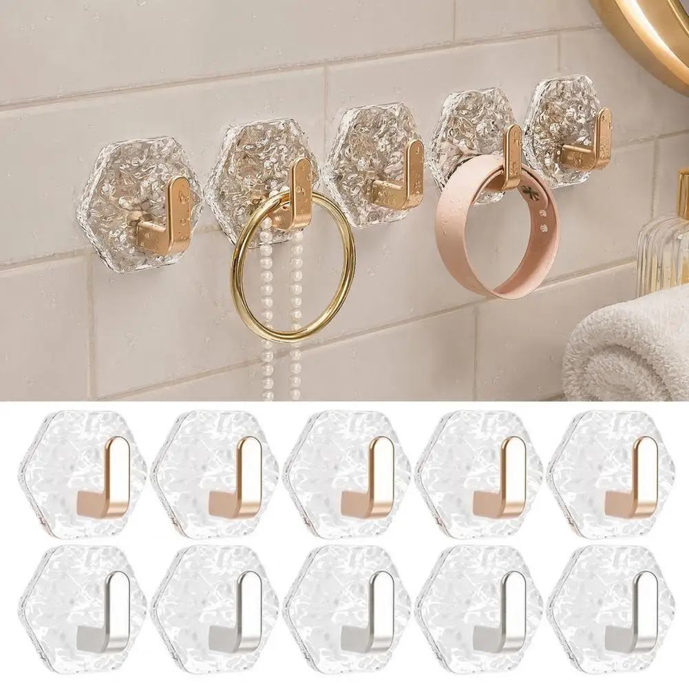 Easy Install Wall Hooks Hexagonal Self Adhesive Hooks with Water Ripple Pattern Waterproof No Drilling Wall Mounted for Towels