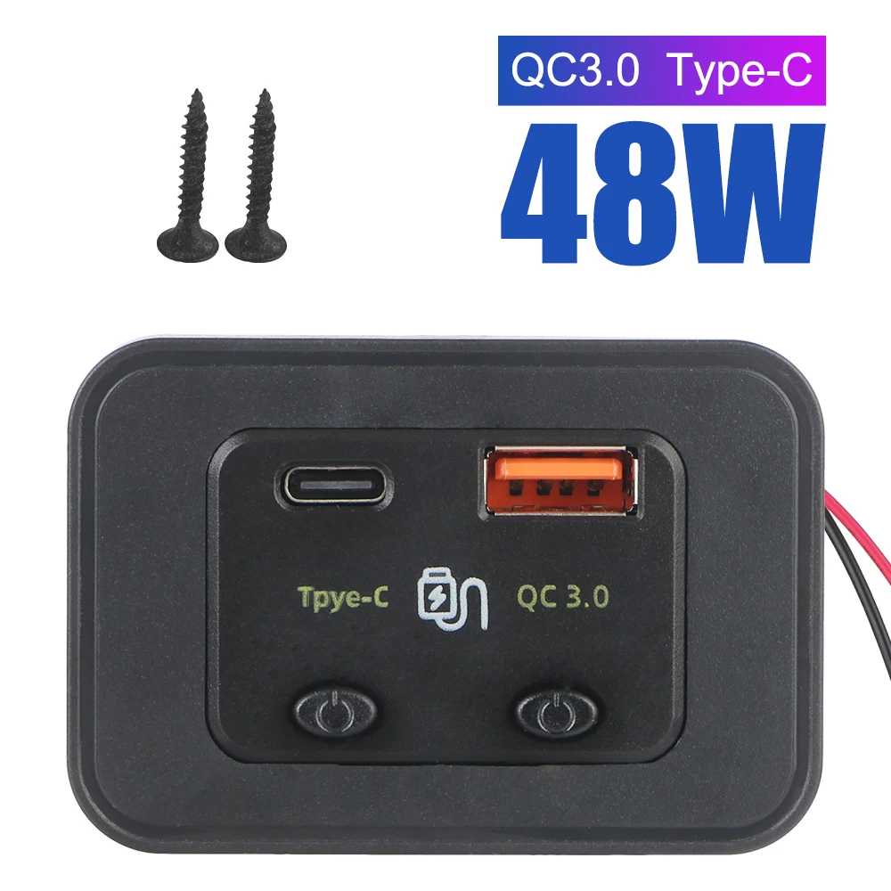 12V/24V Phone Charger for Car RV RV Home Camper Caravans Auto Adapter Type C + QC3.0 USB A Port Car Fast Charger LED Light