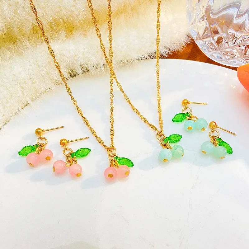 2024 Cherry Clavicle Chain Earrings Jewelry Set Female Green Leaf Pink Green Cherry Pendant Necklace Earring Accessories Women