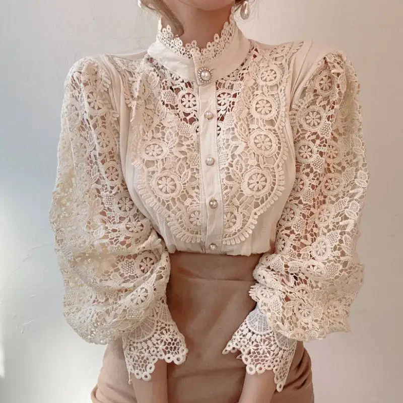 

Women Petal Sleeve Flower Stand Collar Shirt Spring Sweet Hollow Out Lace Solid Color Patchwork Blouse Button White Top