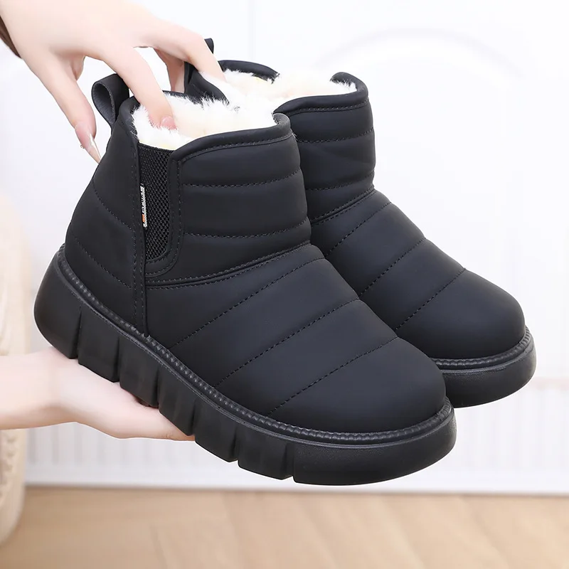 Winter Warm Snow Boots Thick Plush Women Slip On Flat Heels Cotton Shoes Woman Non Slip Waterproof Ankle Boots Female Black