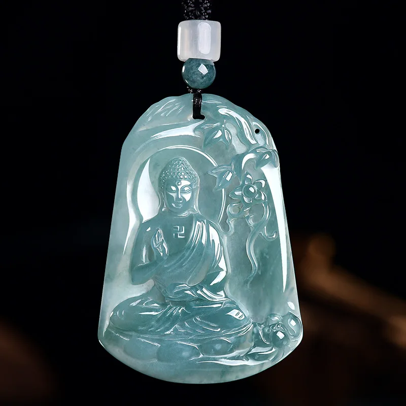 Natural A-Grade Jade Blue Water Da Ri Tathagata Jadeite Pendant Zodiac Monkey Guardian Deity Native Buddha For Women's Gifts