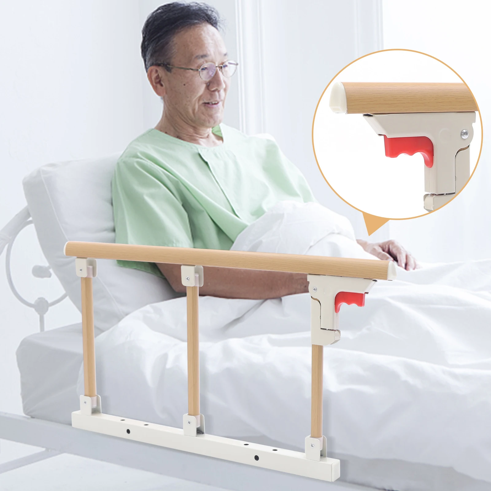 

Bed Rails Assist Handle Safety Bed Railing Anti Falling Guardrail for Elderly Seniors Adults Bedside Foldable Wooden Grain Rail