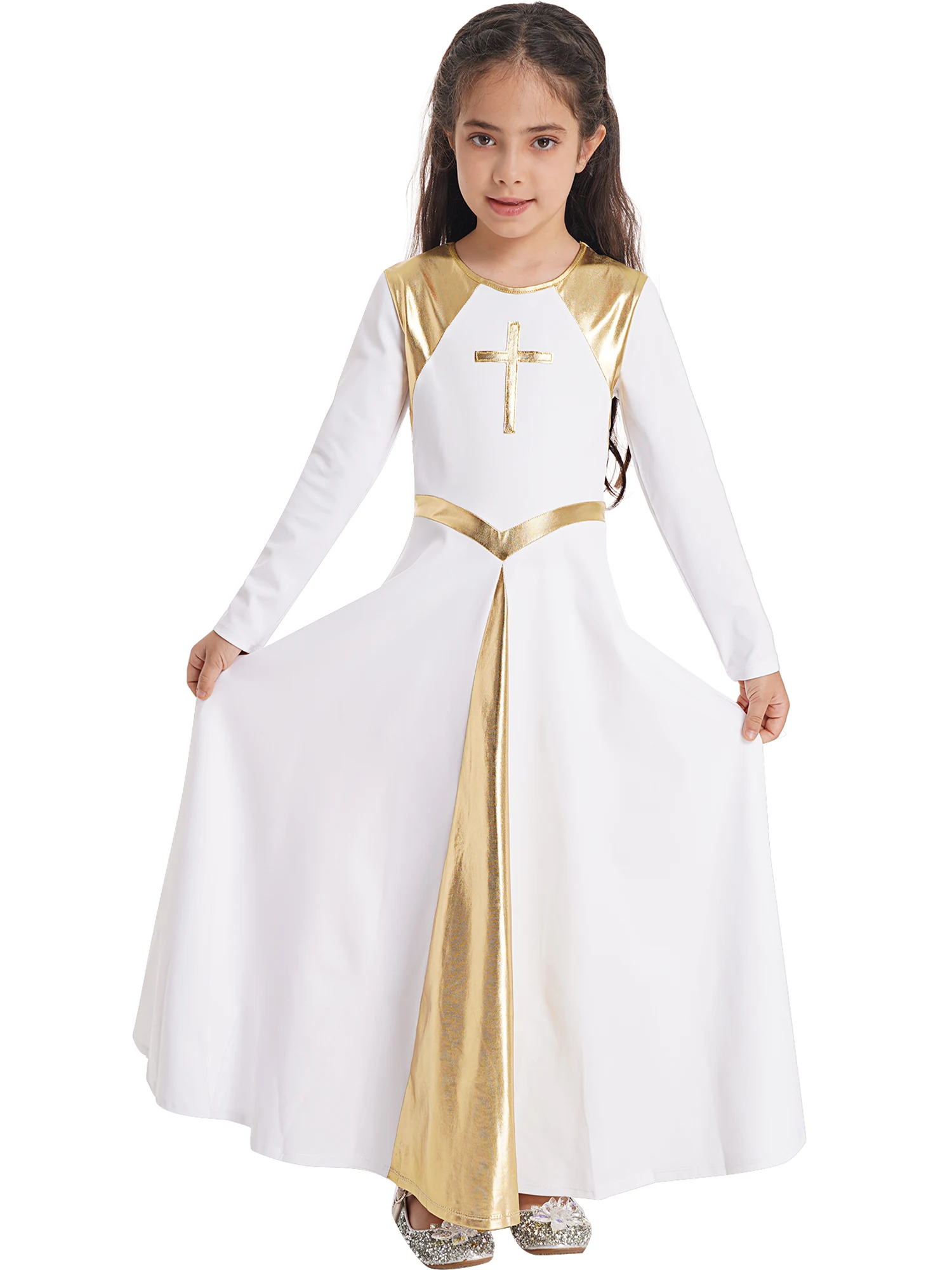 Girls Long Church Party Dancewear Liturgical Praise Lyrical Worship Dance Costume Kids Slim Waist Long Dress Stage Performance