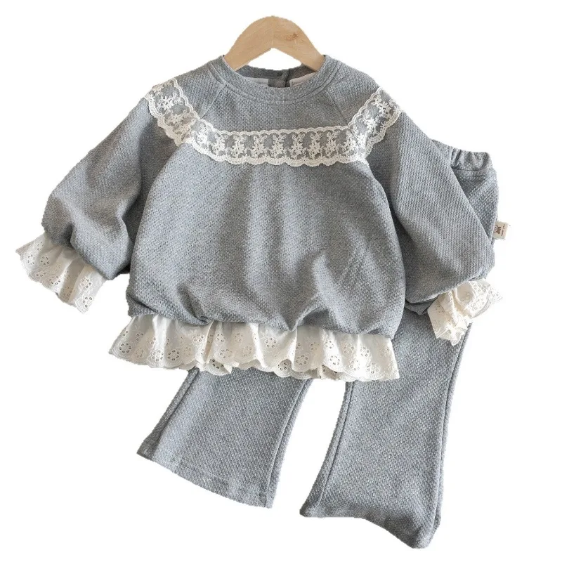 Girls Lace Trim Set Children Casual Long Pants Long Sleeve Casual Set Little Princess Sweet Set Kids Long Sweatshirt Sweatpants