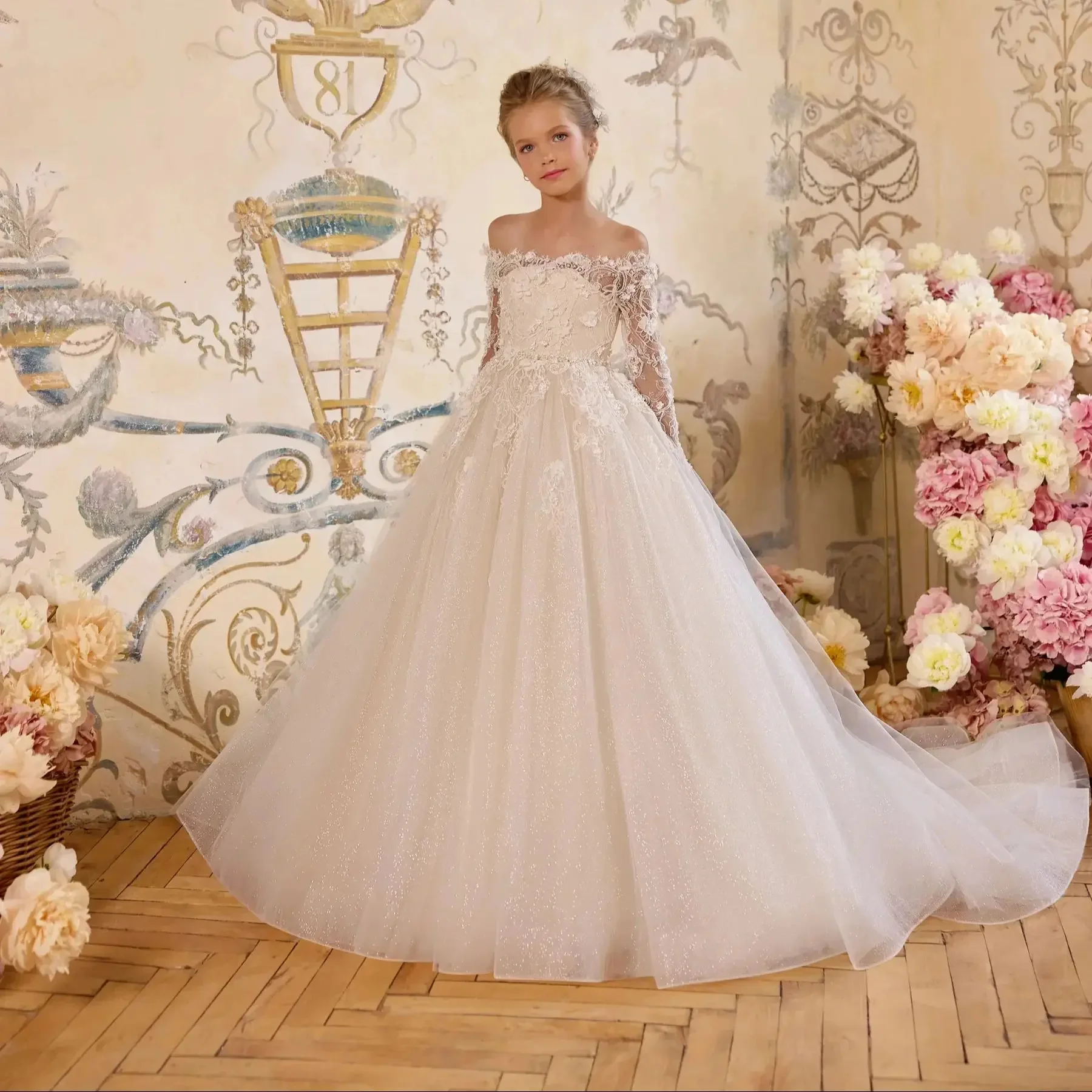 Customized Ivory Flower Girl Dresses For Wedding Lace Tulle Appliques Quinceanera Bridesmaid First Communion Birthday Prom Gown