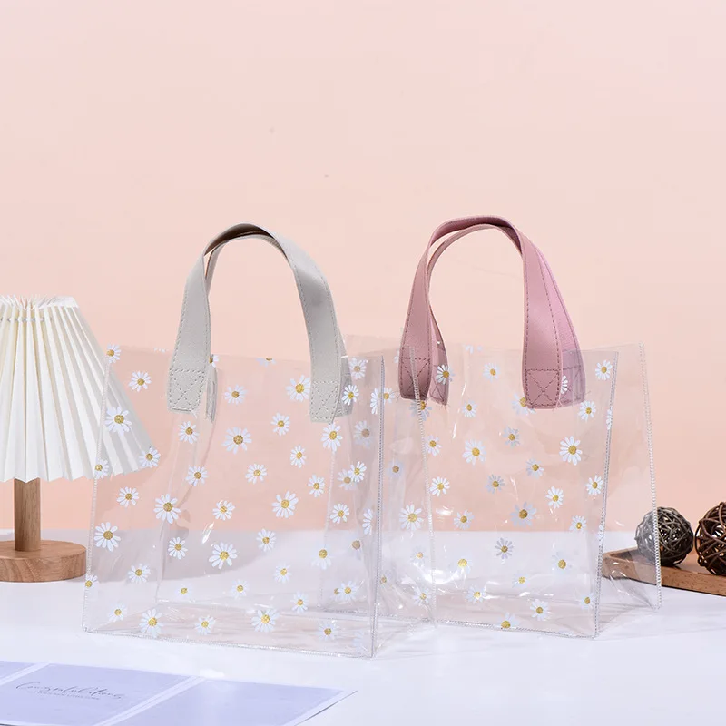 Cute Daisy Gift Packaging Bag Transparent Chrysanthemum PVC Clear Birthday Candy Wedding Party Shopping  Store Bags With Handle