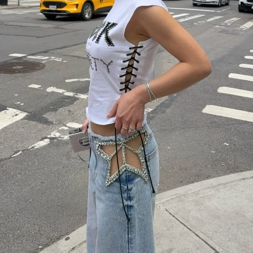 Sexy Star Embroidered Diamond Studded Women's Jeans Low Waist Cotton Denim Pants Trendy Washed Finish Universal Fit